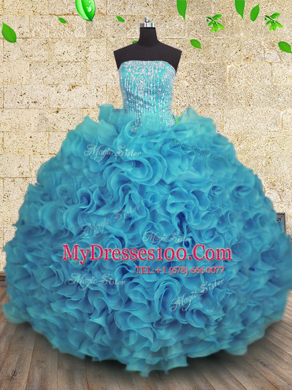 Sexy Aqua Blue Ball Gowns Strapless Sleeveless Organza Floor Length Lace Up Beading and Ruffles Quinceanera Dresses