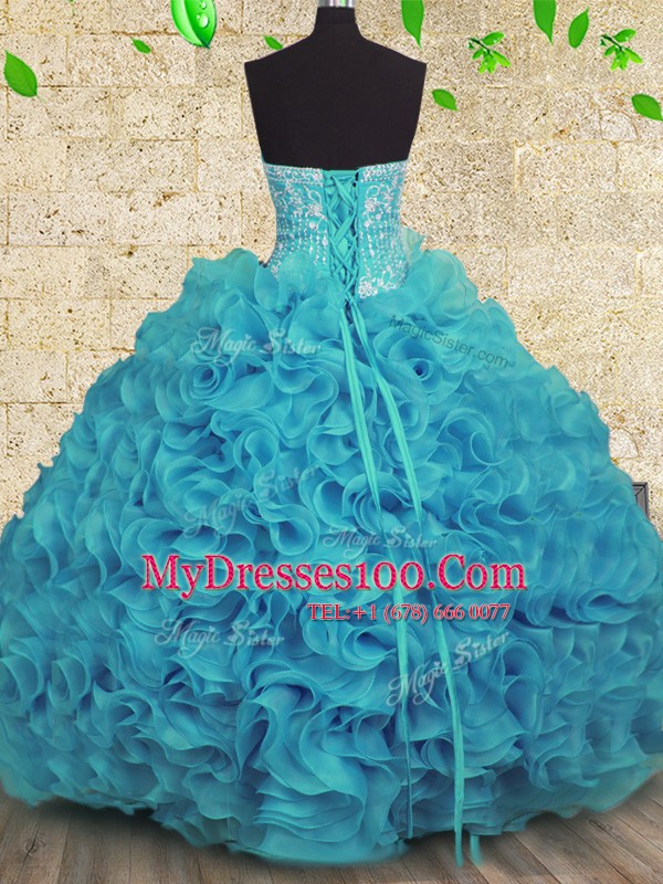 Sexy Aqua Blue Ball Gowns Strapless Sleeveless Organza Floor Length Lace Up Beading and Ruffles Quinceanera Dresses