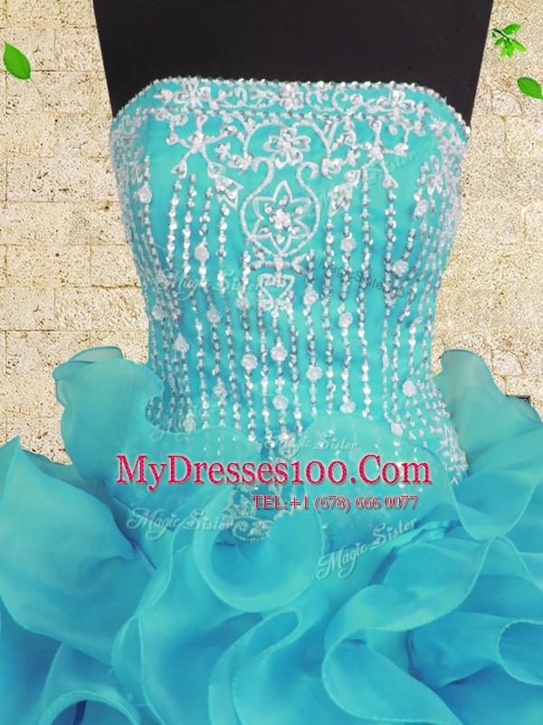 Sexy Aqua Blue Ball Gowns Strapless Sleeveless Organza Floor Length Lace Up Beading and Ruffles Quinceanera Dresses