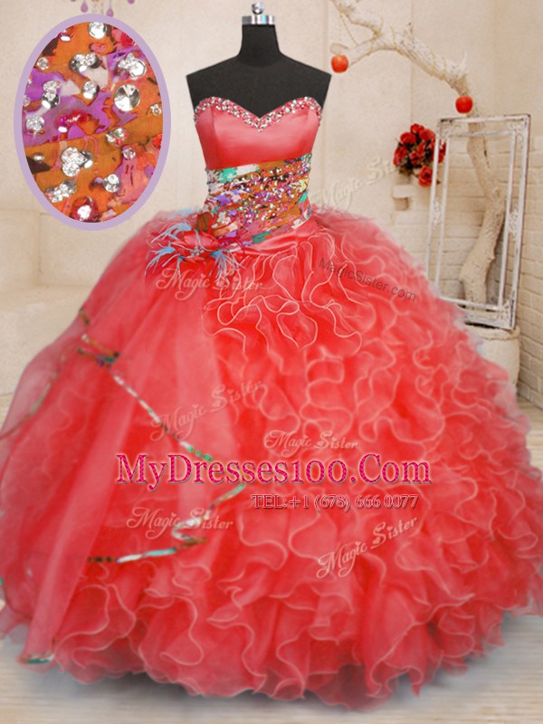 Sweetheart Sleeveless Quince Ball Gowns Floor Length Beading and Ruffles Coral Red Organza