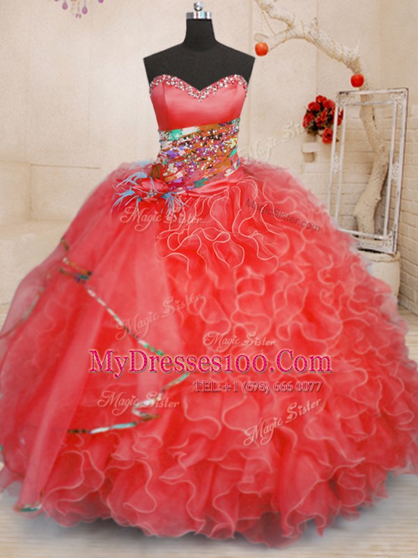 Sweetheart Sleeveless Quince Ball Gowns Floor Length Beading and Ruffles Coral Red Organza