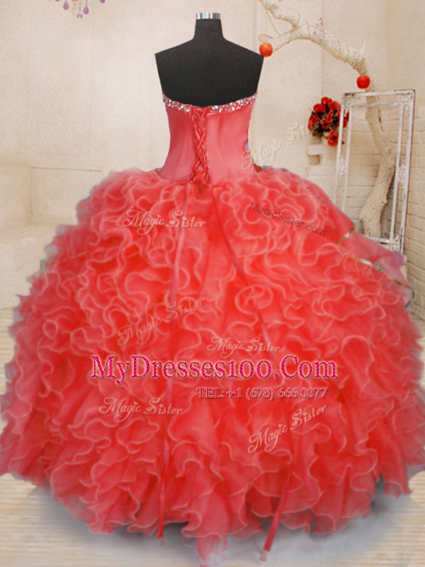 Sweetheart Sleeveless Quince Ball Gowns Floor Length Beading and Ruffles Coral Red Organza