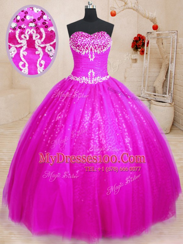 Edgy Fuchsia Sweetheart Lace Up Beading Quinceanera Gown Sleeveless