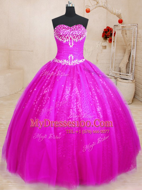 Edgy Fuchsia Sweetheart Lace Up Beading Quinceanera Gown Sleeveless