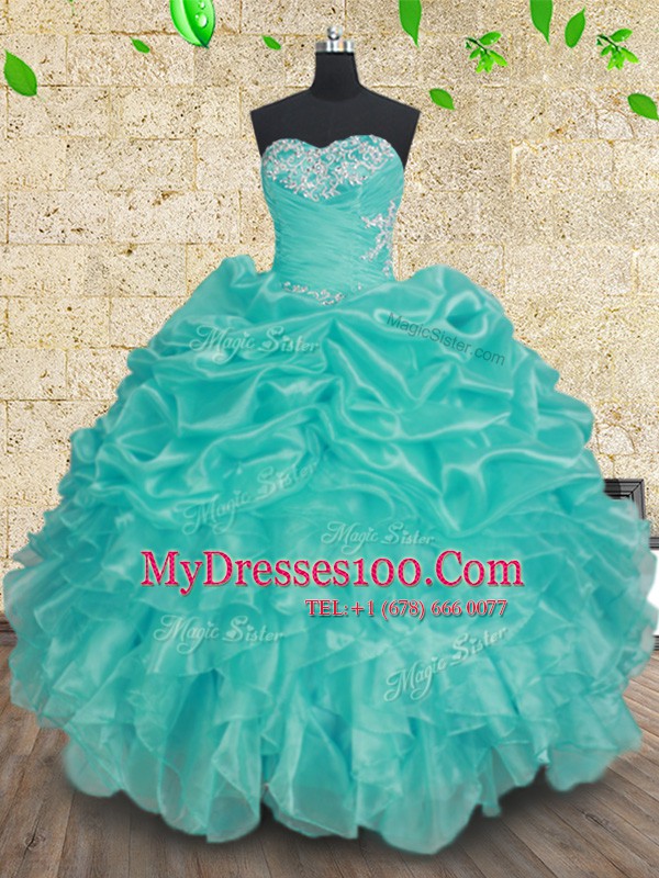 Floor Length Aqua Blue 15th Birthday Dress Sweetheart Sleeveless Lace Up