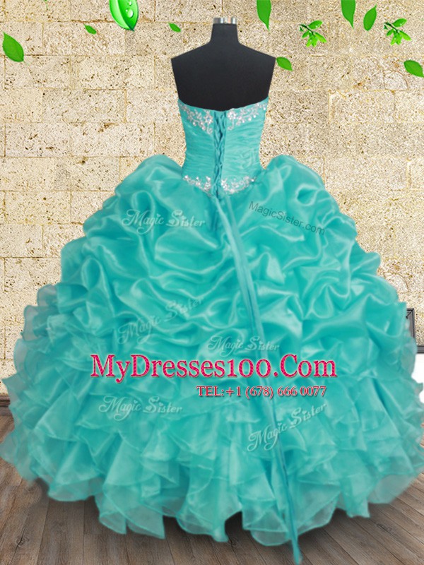 Floor Length Aqua Blue 15th Birthday Dress Sweetheart Sleeveless Lace Up