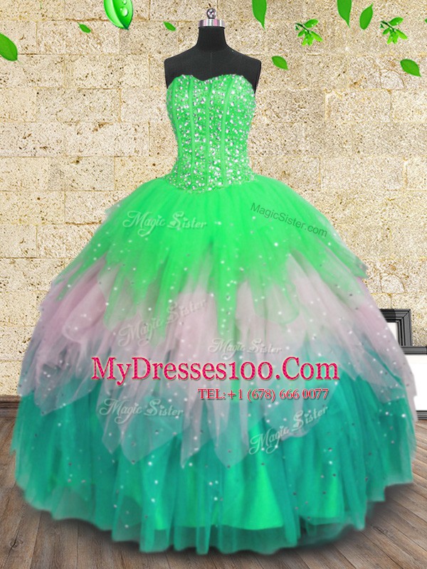 Tulle Sleeveless Floor Length Vestidos de Quinceanera and Beading and Ruffles and Sequins
