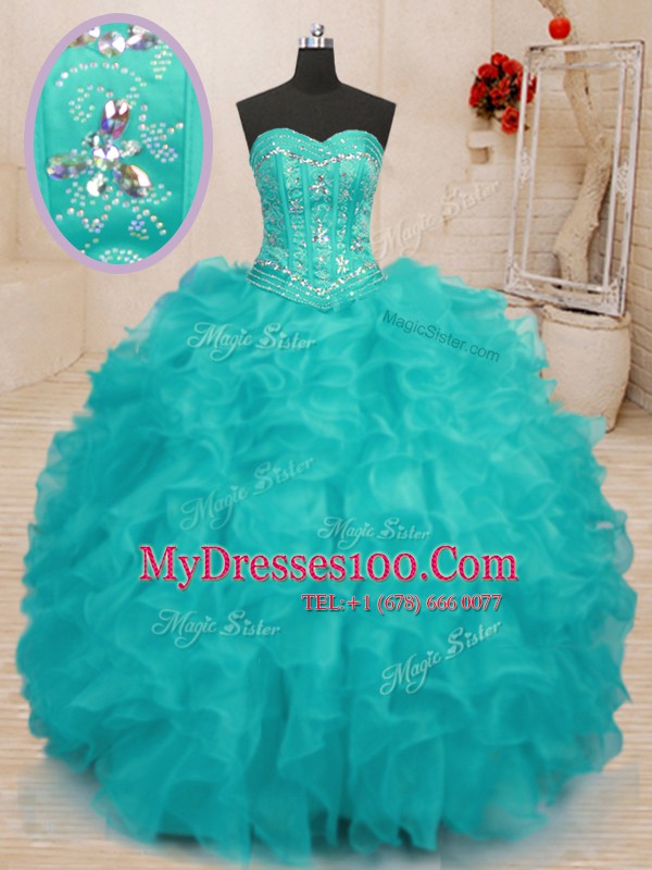 Eye-catching Floor Length Lace Up 15th Birthday Dress Aqua Blue for Military Ball and Sweet 16 and Quinceanera with Beading and Ruffles