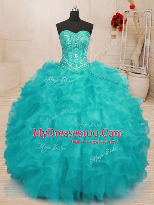 Eye-catching Floor Length Lace Up 15th Birthday Dress Aqua Blue for Military Ball and Sweet 16 and Quinceanera with Beading and Ruffles