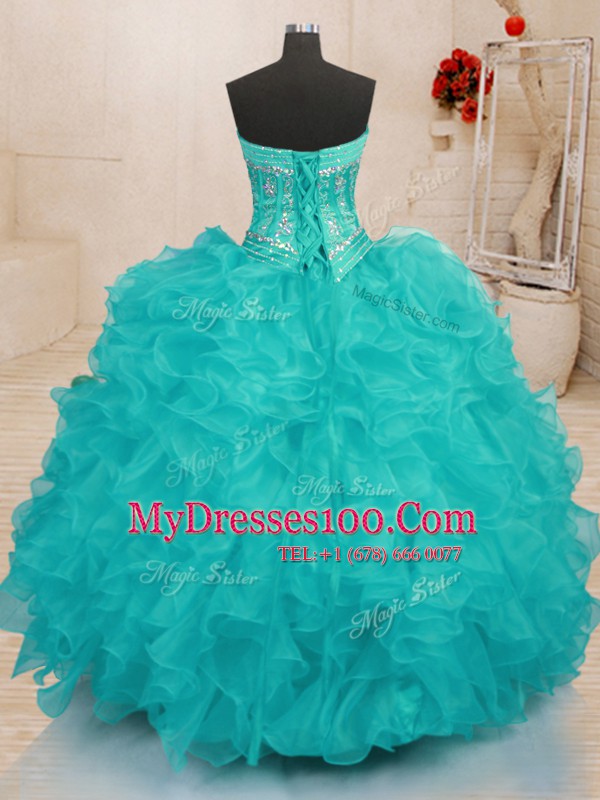 Eye-catching Floor Length Lace Up 15th Birthday Dress Aqua Blue for Military Ball and Sweet 16 and Quinceanera with Beading and Ruffles