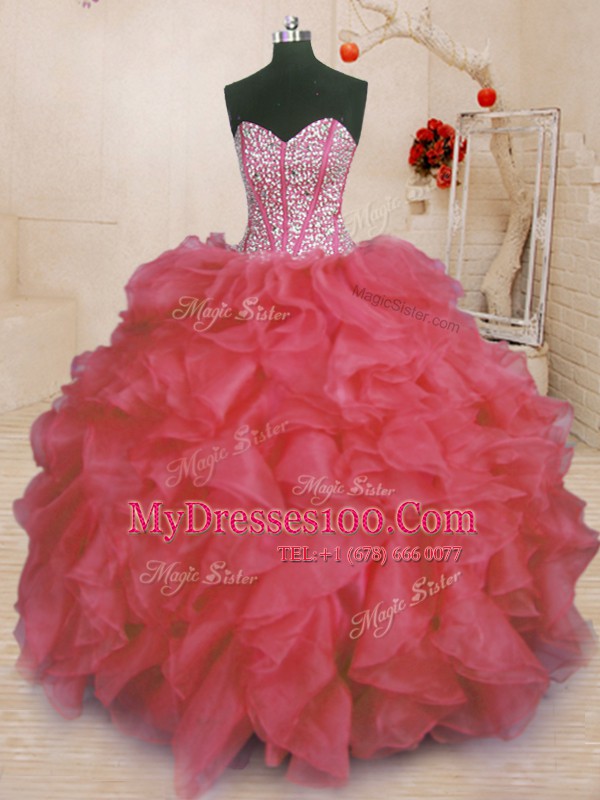 Decent Coral Red Ball Gowns Sweetheart Sleeveless Organza Floor Length Lace Up Beading and Ruffles 15 Quinceanera Dress