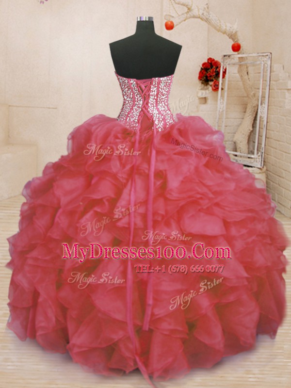 Decent Coral Red Ball Gowns Sweetheart Sleeveless Organza Floor Length Lace Up Beading and Ruffles 15 Quinceanera Dress