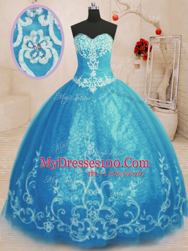 Baby Blue Tulle Lace Up Sweet 16 Dresses Sleeveless Floor Length Beading and Embroidery