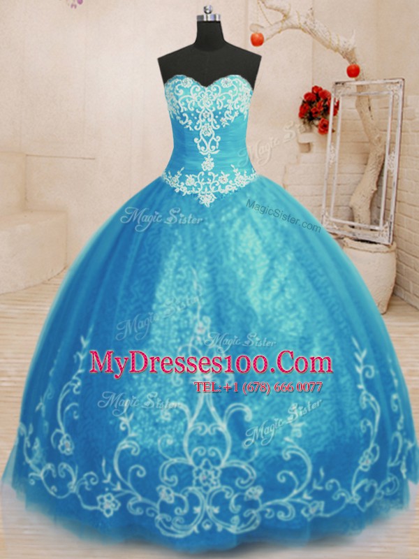 Baby Blue Tulle Lace Up Sweet 16 Dresses Sleeveless Floor Length Beading and Embroidery