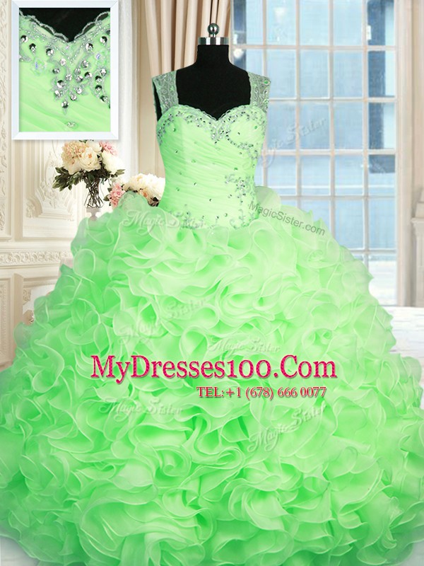 Top Selling Straps Neckline Beading and Ruffles Quinceanera Gown Sleeveless Zipper