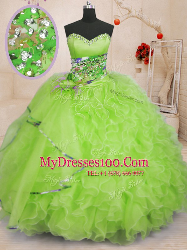 Inexpensive Yellow Green Sleeveless Floor Length Beading and Ruffles Lace Up Ball Gown Prom Dress