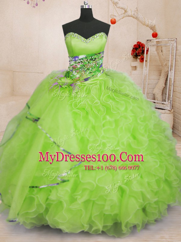 Inexpensive Yellow Green Sleeveless Floor Length Beading and Ruffles Lace Up Ball Gown Prom Dress