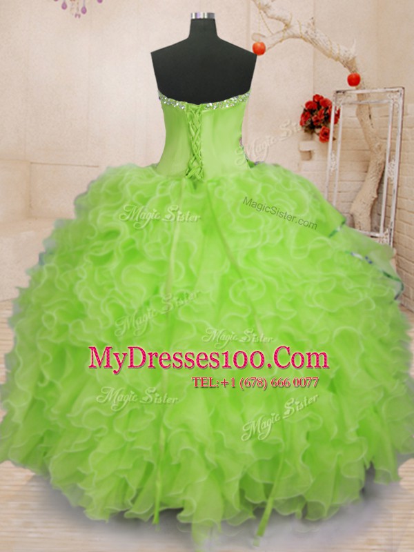 Inexpensive Yellow Green Sleeveless Floor Length Beading and Ruffles Lace Up Ball Gown Prom Dress
