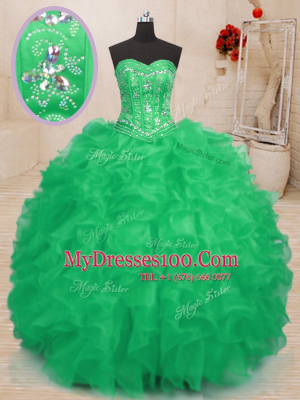 Teal and Green 15th Birthday Dress Military Ball and Sweet 16 and Quinceanera and For with Beading and Ruffles Sweetheart Sleeveless Lace Up