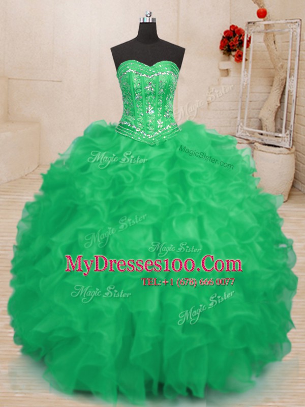 Teal and Green 15th Birthday Dress Military Ball and Sweet 16 and Quinceanera and For with Beading and Ruffles Sweetheart Sleeveless Lace Up