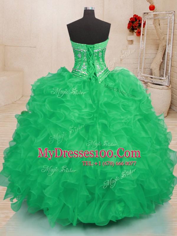 Teal and Green 15th Birthday Dress Military Ball and Sweet 16 and Quinceanera and For with Beading and Ruffles Sweetheart Sleeveless Lace Up
