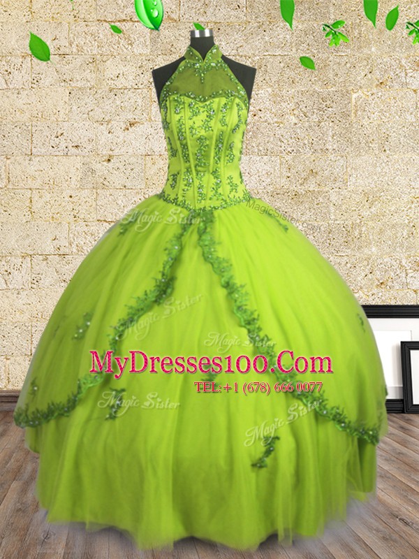 Unique Halter Top Tulle Sleeveless Floor Length Quince Ball Gowns and Beading