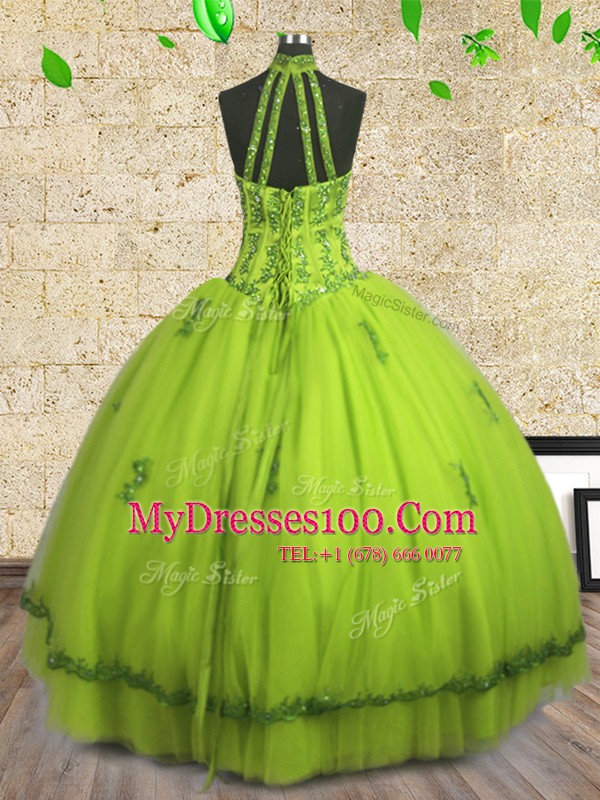 Unique Halter Top Tulle Sleeveless Floor Length Quince Ball Gowns and Beading