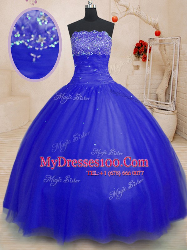 Royal Blue Ball Gowns Tulle Strapless Sleeveless Beading Floor Length Lace Up Quince Ball Gowns