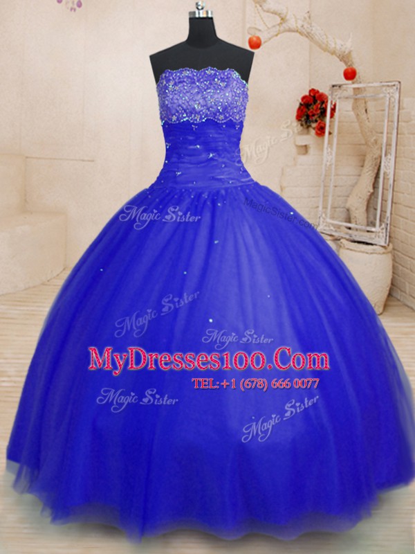Royal Blue Ball Gowns Tulle Strapless Sleeveless Beading Floor Length Lace Up Quince Ball Gowns