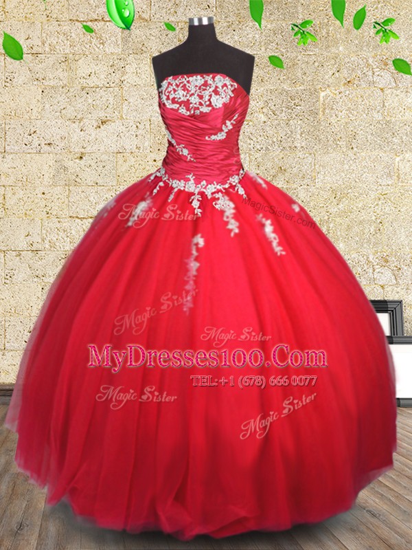 Strapless Sleeveless Tulle Vestidos de Quinceanera Appliques and Ruching Lace Up