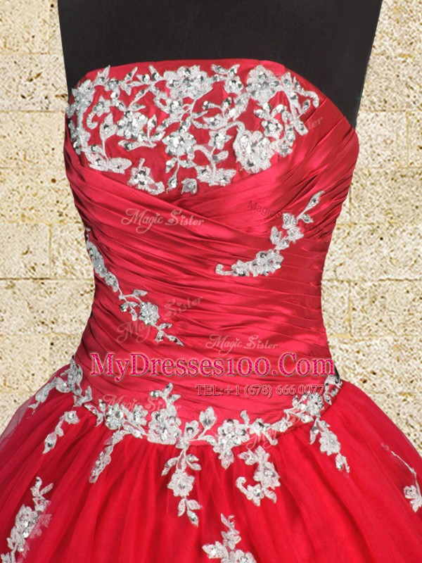 Strapless Sleeveless Tulle Vestidos de Quinceanera Appliques and Ruching Lace Up