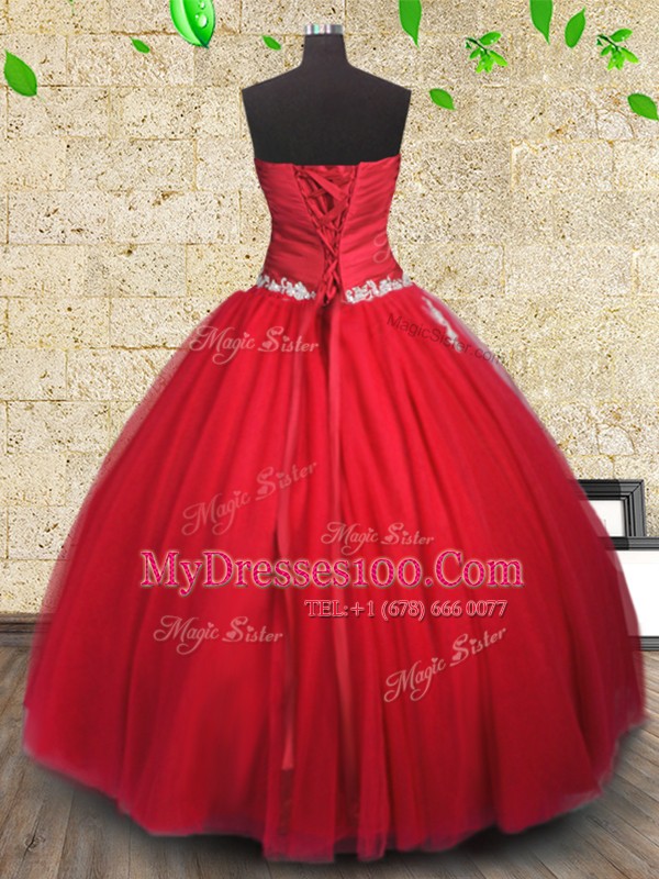 Strapless Sleeveless Tulle Vestidos de Quinceanera Appliques and Ruching Lace Up