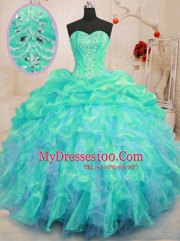 Fitting Turquoise Sleeveless Organza Lace Up Quince Ball Gowns for Military Ball and Sweet 16 and Quinceanera