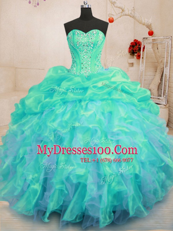 Fitting Turquoise Sleeveless Organza Lace Up Quince Ball Gowns for Military Ball and Sweet 16 and Quinceanera