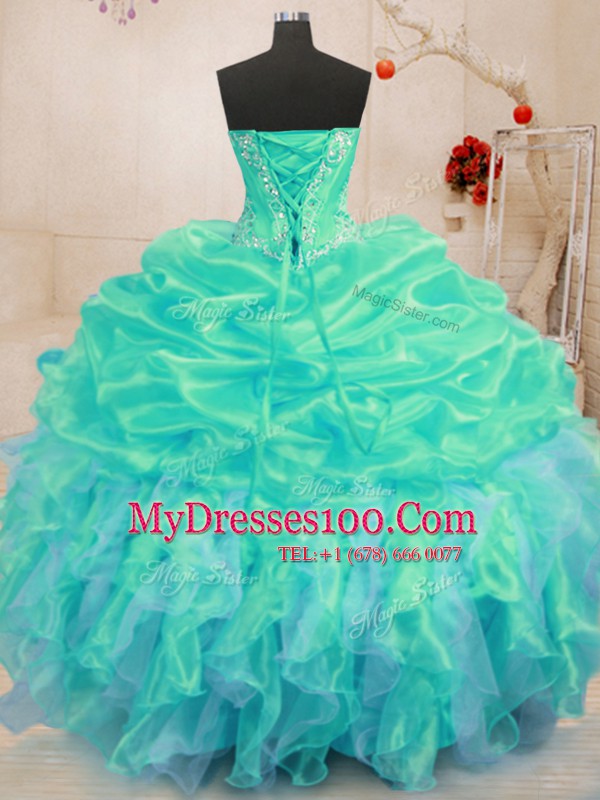 Fitting Turquoise Sleeveless Organza Lace Up Quince Ball Gowns for Military Ball and Sweet 16 and Quinceanera