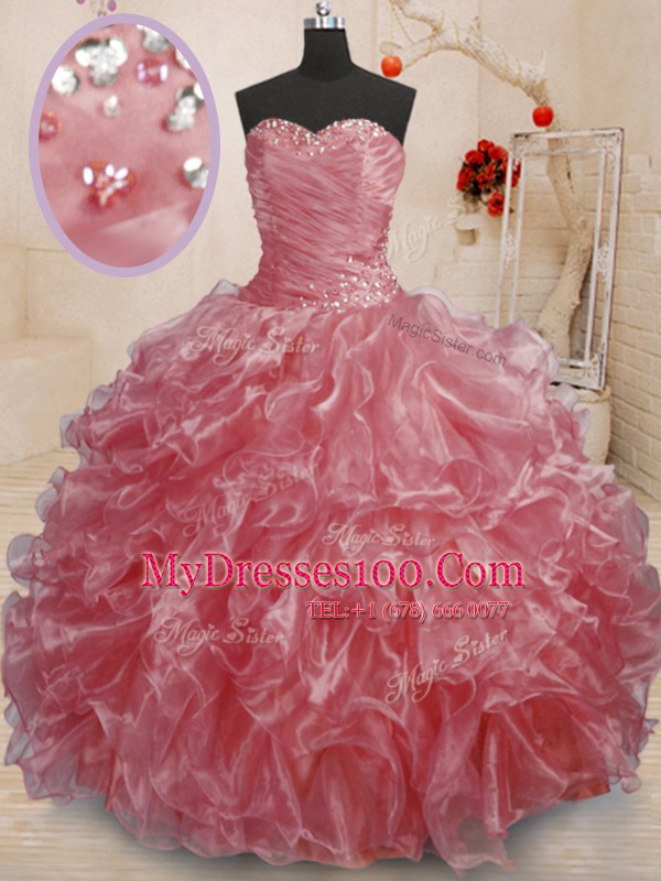 Sweetheart Sleeveless Organza Sweet 16 Dresses Beading and Ruffles Lace Up