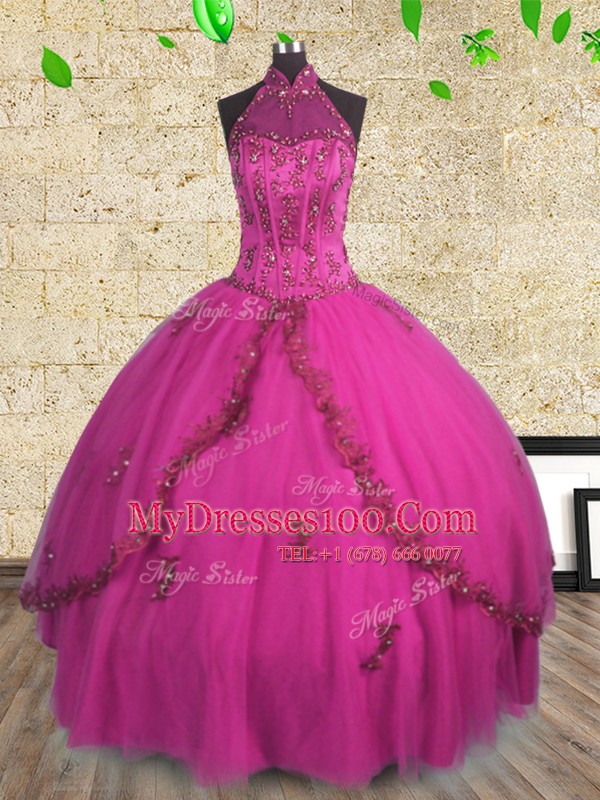 Fantastic Fuchsia Ball Gowns Tulle Halter Top Sleeveless Beading Floor Length Lace Up Sweet 16 Quinceanera Dress
