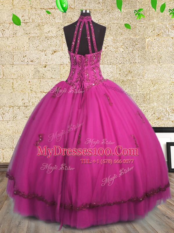 Fantastic Fuchsia Ball Gowns Tulle Halter Top Sleeveless Beading Floor Length Lace Up Sweet 16 Quinceanera Dress
