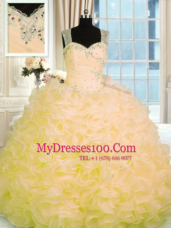 Gold Organza Zipper Quinceanera Gowns Sleeveless Floor Length Beading and Ruffles