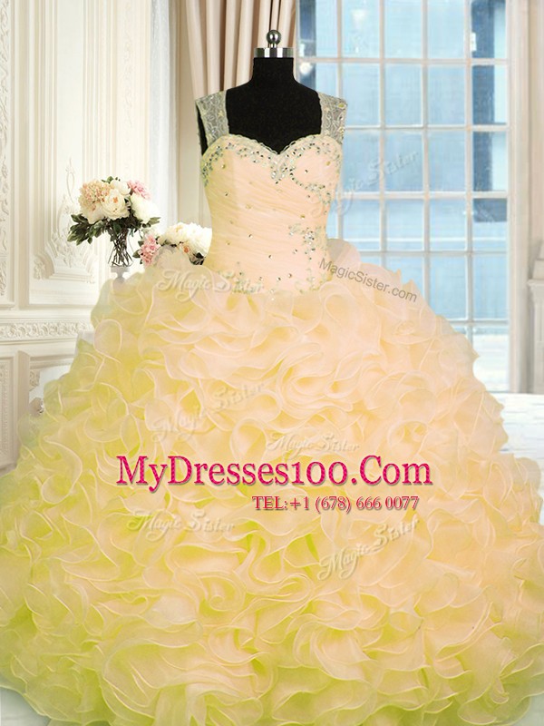 Gold Organza Zipper Quinceanera Gowns Sleeveless Floor Length Beading and Ruffles
