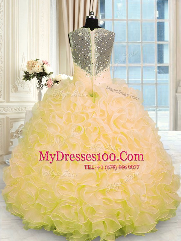 Gold Organza Zipper Quinceanera Gowns Sleeveless Floor Length Beading and Ruffles