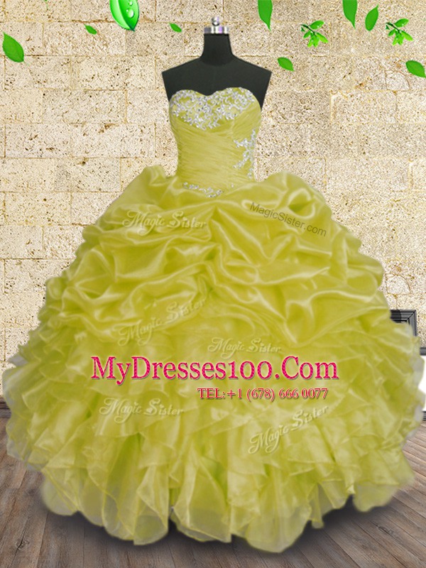 Best Selling Floor Length Green Quinceanera Dresses Organza Sleeveless Beading and Appliques and Ruffles and Ruching