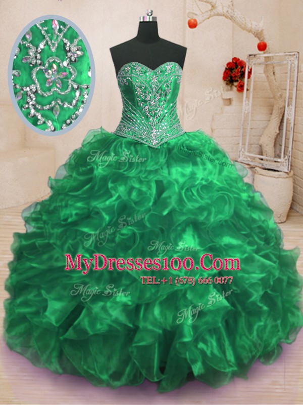 Green Sweet 16 Dresses Military Ball and Sweet 16 and Quinceanera and For with Beading and Ruffles Sweetheart Sleeveless Sweep Train Lace Up