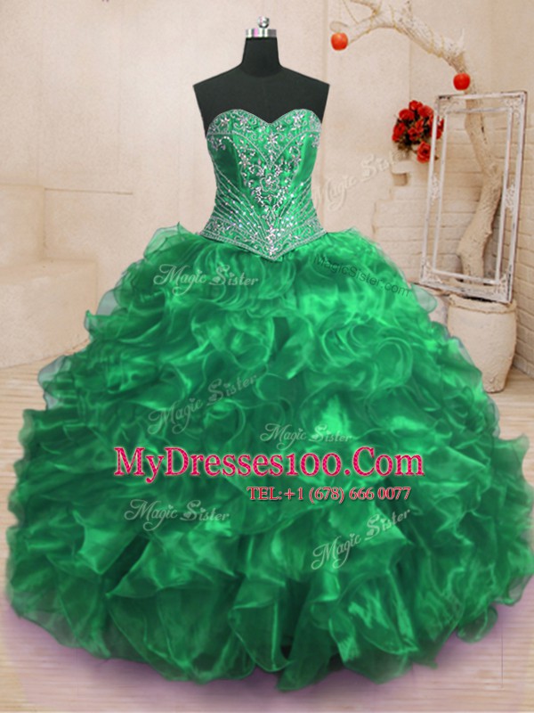 Green Sweet 16 Dresses Military Ball and Sweet 16 and Quinceanera and For with Beading and Ruffles Sweetheart Sleeveless Sweep Train Lace Up