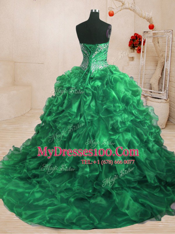 Green Sweet 16 Dresses Military Ball and Sweet 16 and Quinceanera and For with Beading and Ruffles Sweetheart Sleeveless Sweep Train Lace Up