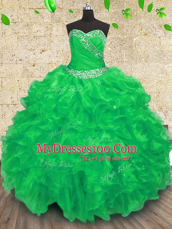Green Lace Up Sweetheart Beading and Appliques and Ruffles and Ruching Sweet 16 Dresses Organza Sleeveless