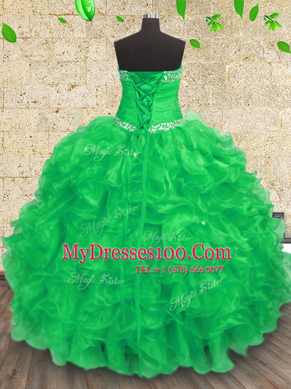 Green Lace Up Sweetheart Beading and Appliques and Ruffles and Ruching Sweet 16 Dresses Organza Sleeveless