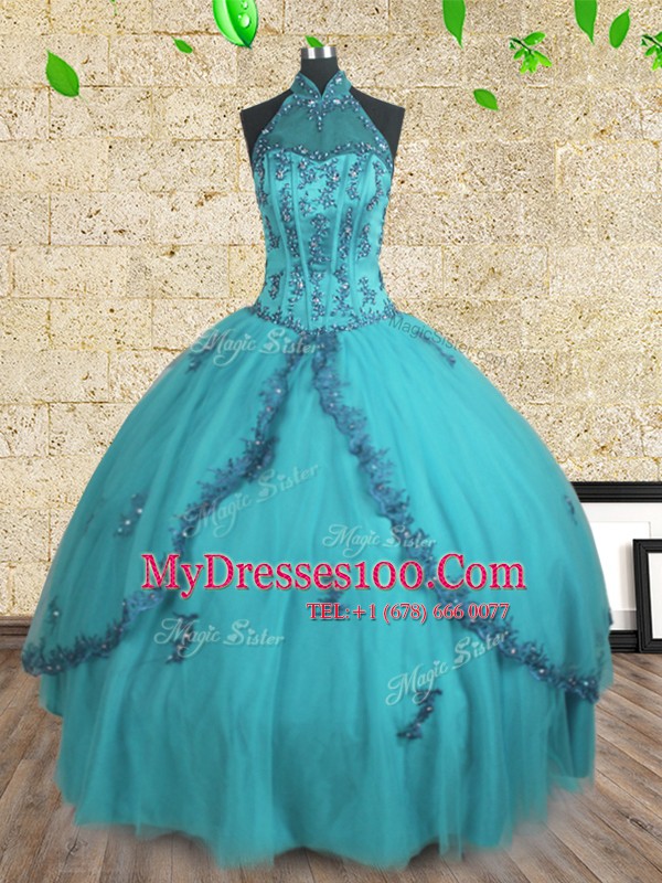 Colorful Teal Ball Gowns Halter Top Sleeveless Tulle Floor Length Lace Up Beading Vestidos de Quinceanera