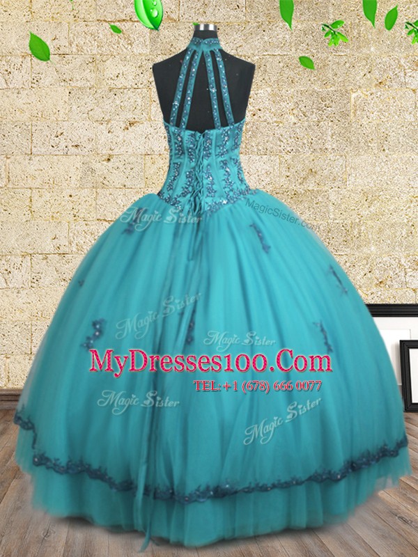 Colorful Teal Ball Gowns Halter Top Sleeveless Tulle Floor Length Lace Up Beading Vestidos de Quinceanera
