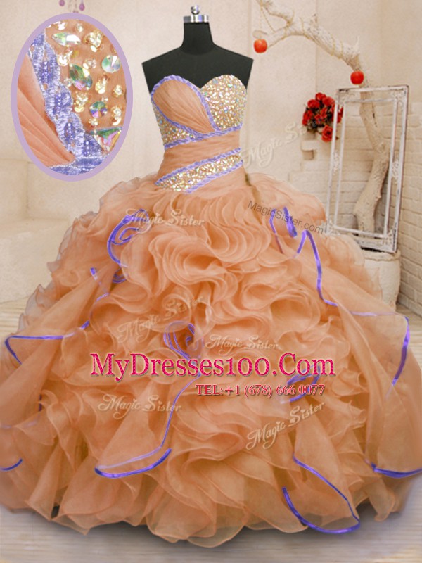 With Train Ball Gowns Sleeveless Orange 15th Birthday Dress Brush Train Lace Up
